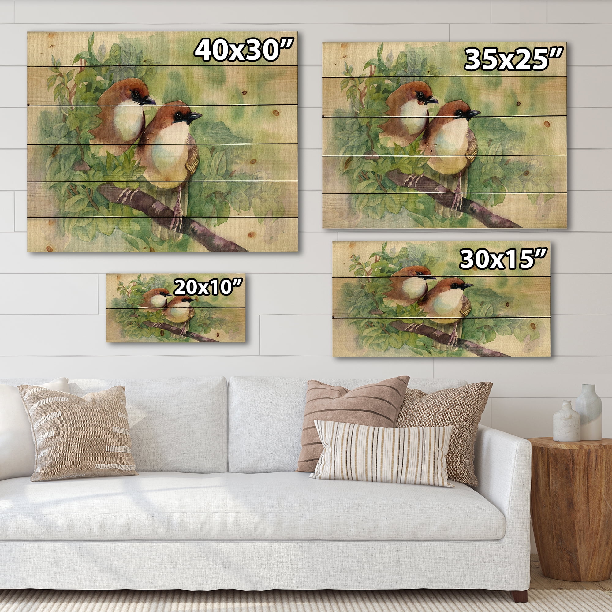 Designart 'Birds Of Spring Sitting On Branch' Traditional Print on Natural Pine Wood