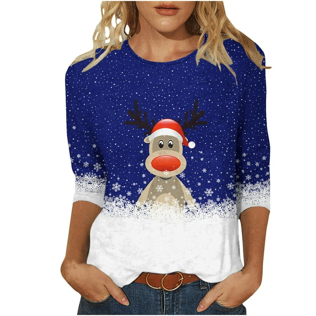 Women's Round Neck Three Quarter Sleeve Christmas Printed Top