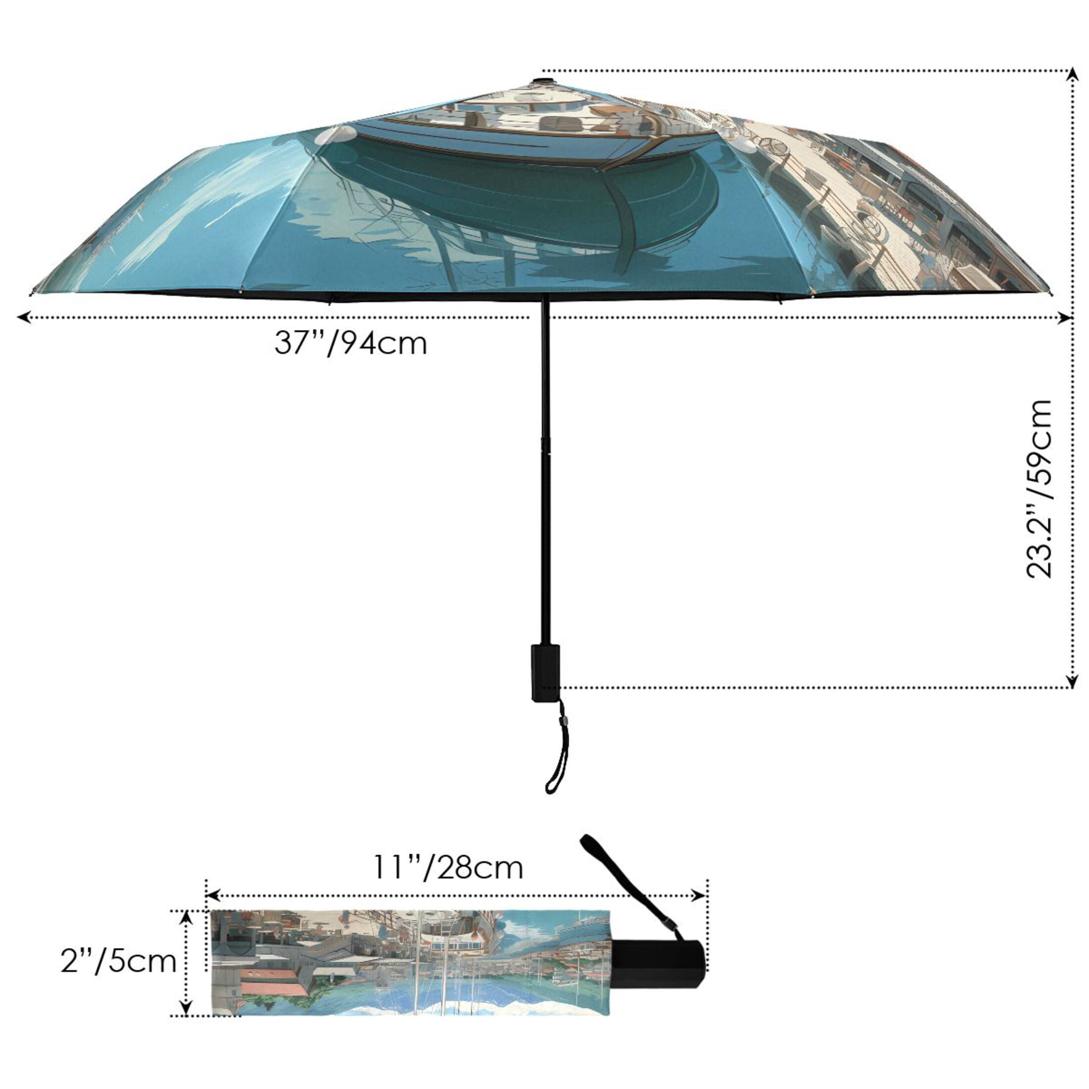 Sailing Boats Docked in Town Compact Sun Umbrella Windproof Travel Umbrellas for Rain Strong Portable UV Protection