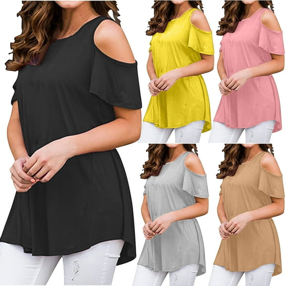 Fesfesfes Women Shirts Spring Women's Short Sleeve Casual Summer Off Shoulder Tops Loose Blouse T-Shirt Tees for Women 10(XL)