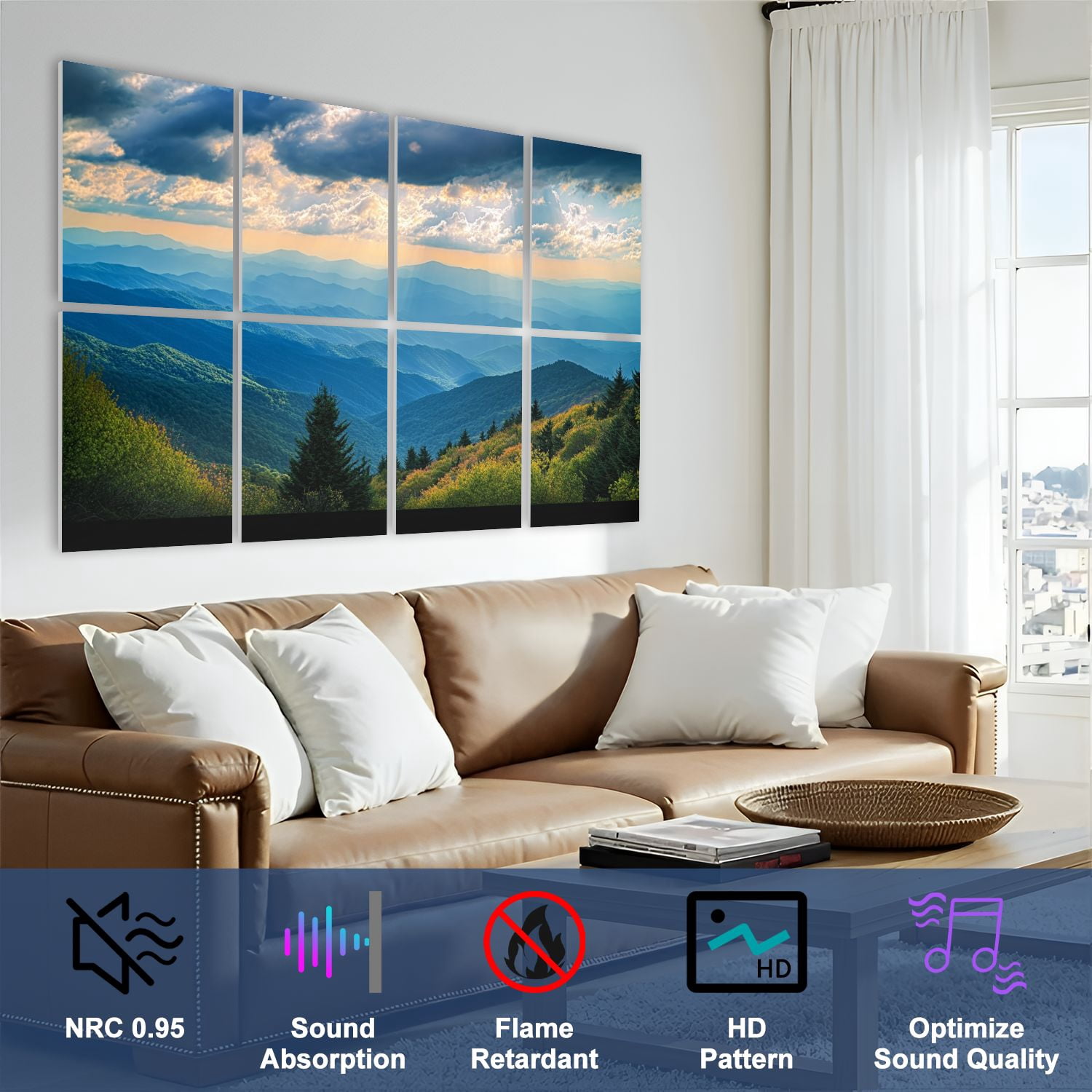8 Pack Art Acoustic Panels Sound Absorbing Appalachian Mountains Blue Ridge Parkway Decorative Soundproof Wall Panels Self Adhesive for Nursery Game Room Bedroom 48"x32"