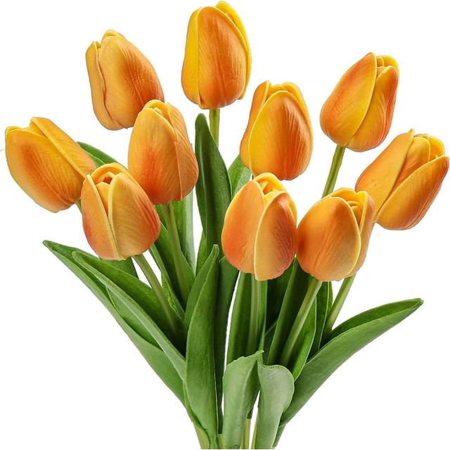 10 Piezas de Tulipanes Artificiales Flores Falsas Realistas (Naranja), Flores Falsas de Tacto Real Decorativas Tulipanes Artificiales de Látex, Arreglo de Flores de Naranja para Decoración del Hogar,