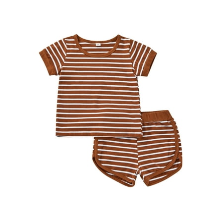 

Suanret Kids Baby Boys Girls 2Pcs Sumemr Clothes Stripe Printed Short Sleeve Tops T-shirt + Elastic Shorts Outfits Coffee 6-9 Months