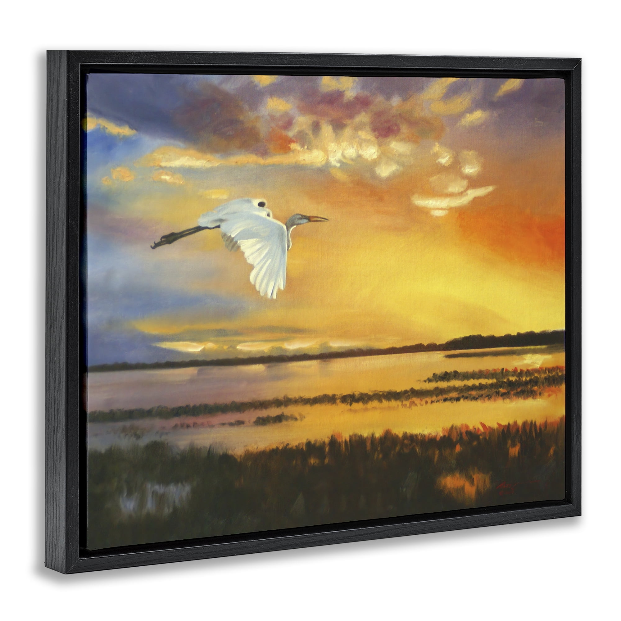 Stupell Industries Bird over Sunlit Pond Landscape Painting Black Floater Framed Canvas Art Print Wall Art, 31 x 25