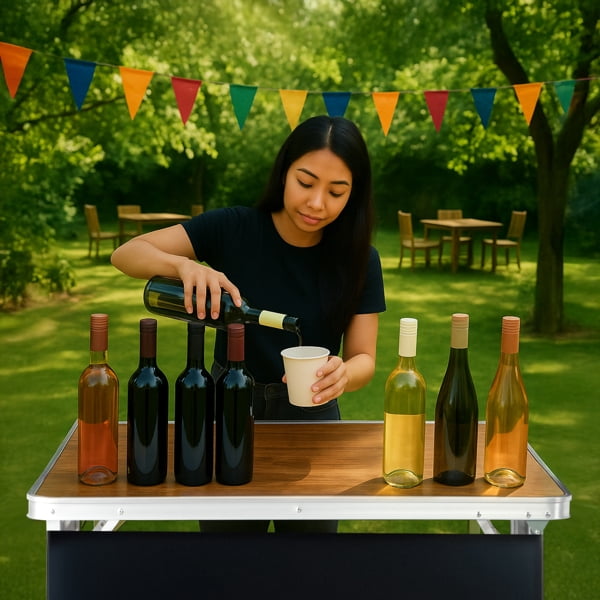 Portable Folding Bar Table with Shelf, Tradeshow Podium Table with Black Skirt and Carrying Bag, for Indoor Outdoor Party Picnic Exhibition, Brown Wood Tone