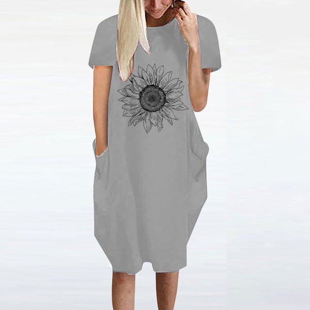 SMihono Robe d'Été pour Femmes 2024 Grande Taille Robe Décontractée Ample Imprimé Tournesol Manches Courtes Col en V Liquidation à Moins de 10!