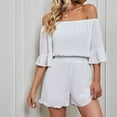 thumbnail image 2 of Women Boho Off Shoulder Summer Chiffon Romper Casual One Piece Strapless 3/4 Bell Sleeve Shorts Tube Top Jumpsuit, 2 of 7