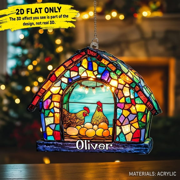 Chicken Coop Christmas Suncatcher Ornament, Personalized Farmhouse Holiday Gift