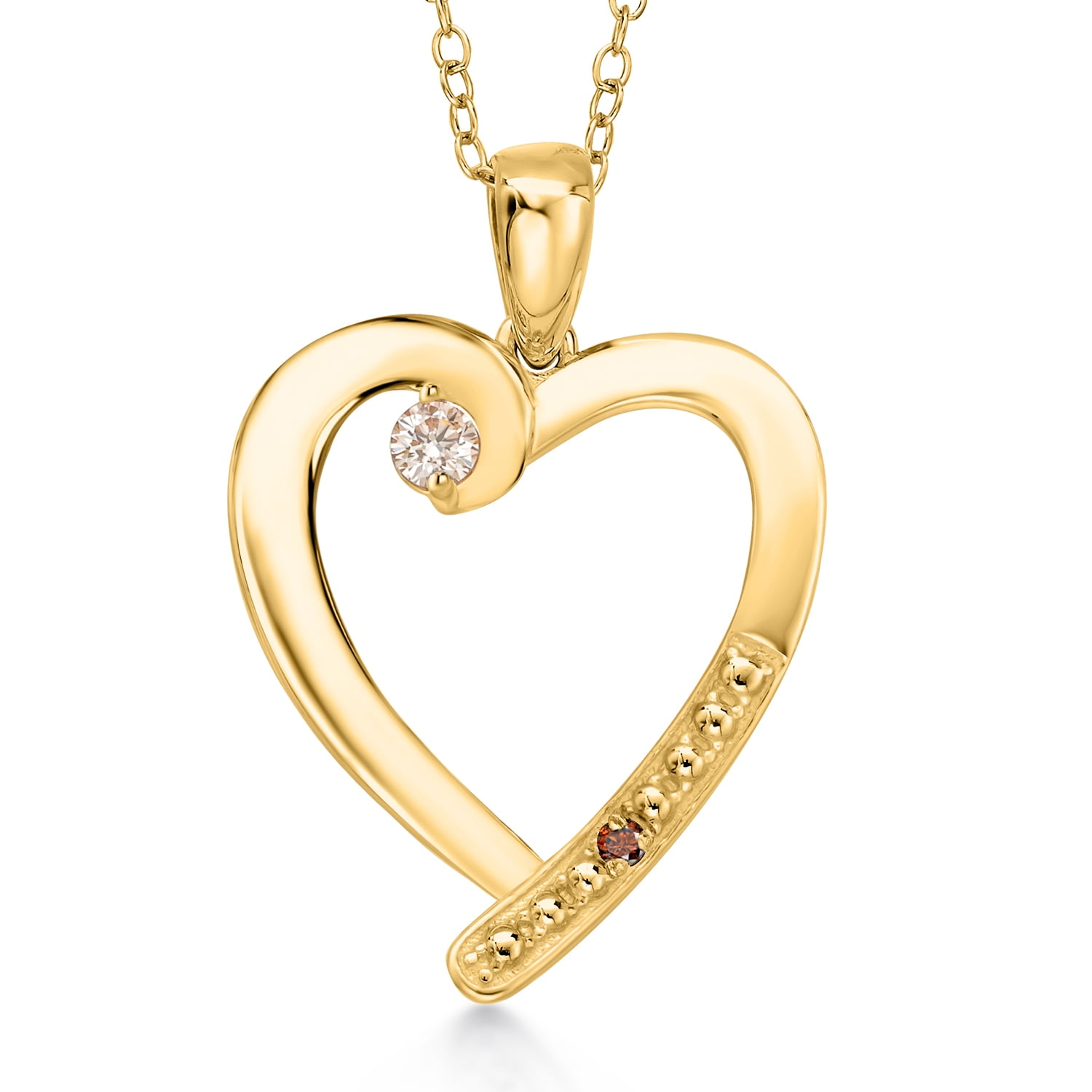 Gem Stone King 18K Yellow Gold Plated Silver Pink Lab Grown Diamond and Red Garnet Heart Pendant Necklace for Women | 0.20 Cttw | Gemstone April Birthstone | Round 3.5MM | With 18 inch Chain