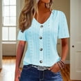 thumbnail image 2 of CUZIBR Women Casual Shirt Solid Color Hollow Out Jacquard Short Sleeve Button V-Neckt Shirt Soft Basic Tee Trendy Spring Summer Comfort Fit Elegant Tops Basic Fashion Dressy Clothes,Light Blue,XXL, 2 of 8