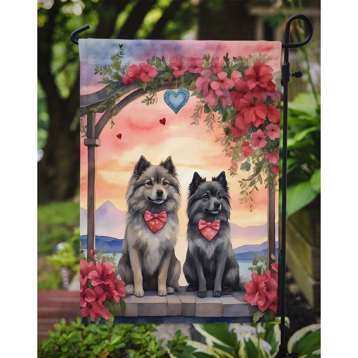 Keeshond Two Hearts Garden Flag