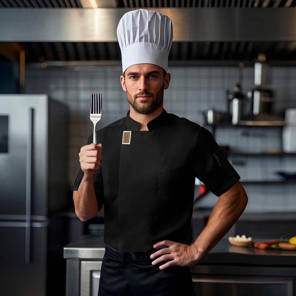Mens T-shirts Short Sleeve Stand Collar Tops Solid Chef Workwear Kitchen Uniform Breathable Casual T Shirts for Man Black L