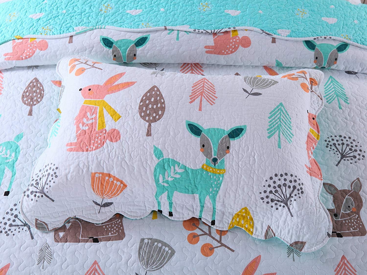 100% Cotton 2 Piece Kids Quilt Bedspread Comforter Set Throw Blanket for Teens Boys Girls Kids Beds Bedding Coverlet Teal Blue Forest Deer