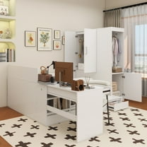 Full size Wooden Platform Bed with 6 Drawers, Shelves, desk and Wardrobe, White