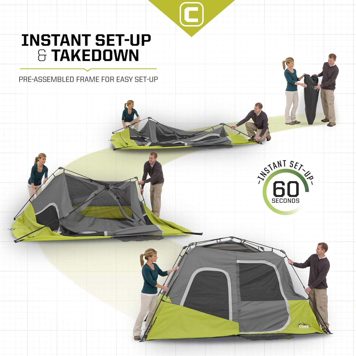 CORE 11' x 9' 6 Person Instant Cabin Camping Tent, 23lbs, Light Gray