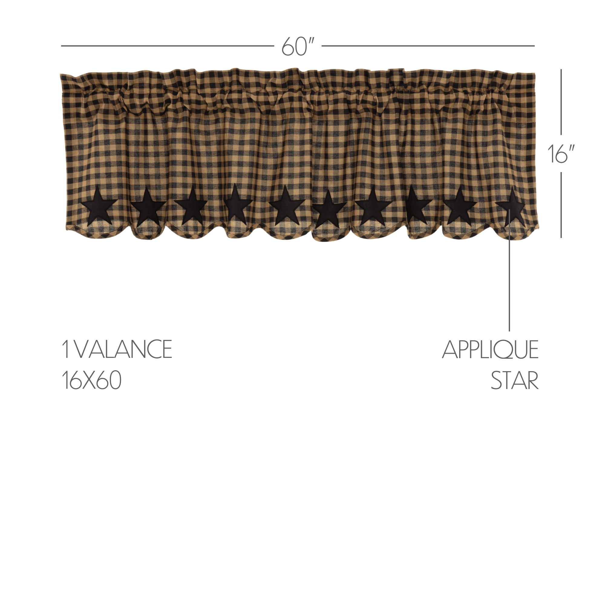 VHC Brands Star Cotton Primitive Kitchen Curtains Rod Pocket Appliqued 16x60 Valance, Raven Black
