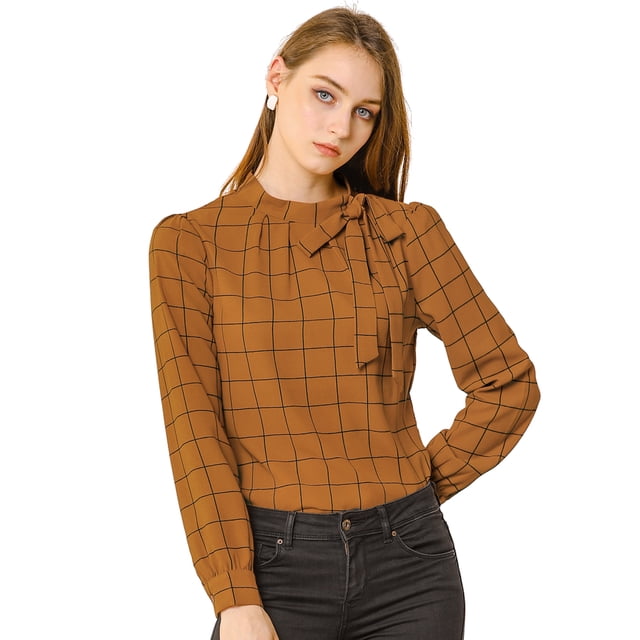 Camide cuadros de cuadrícucon cuello de pajaripamujer Blusas de trabajo de oficimarrón XL