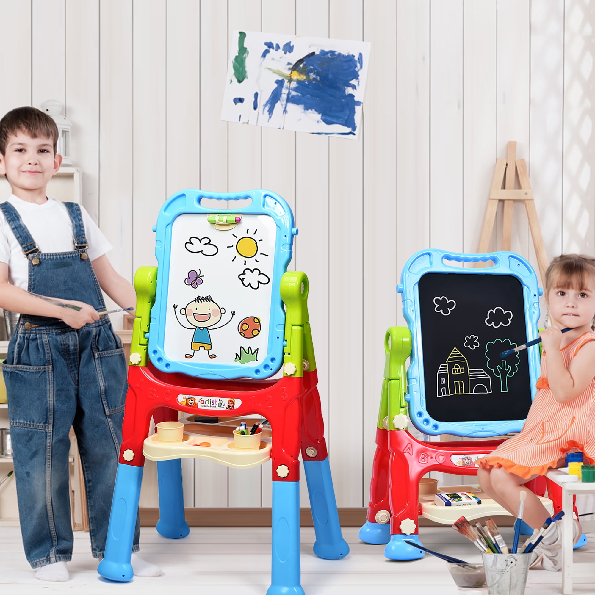 Costway Height Adjustable Kids Art Easel Magnetic Double Sided Board w/ Accessories Blue