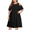 thumbnail image 1 of SMihono Robes d'Été Bohémiennes pour Femmes Grande Taille Mode Décontractée Couleur Unie Col Rond Aguichant Dentelle Manches Courtes Robe Ample, 1 of 7