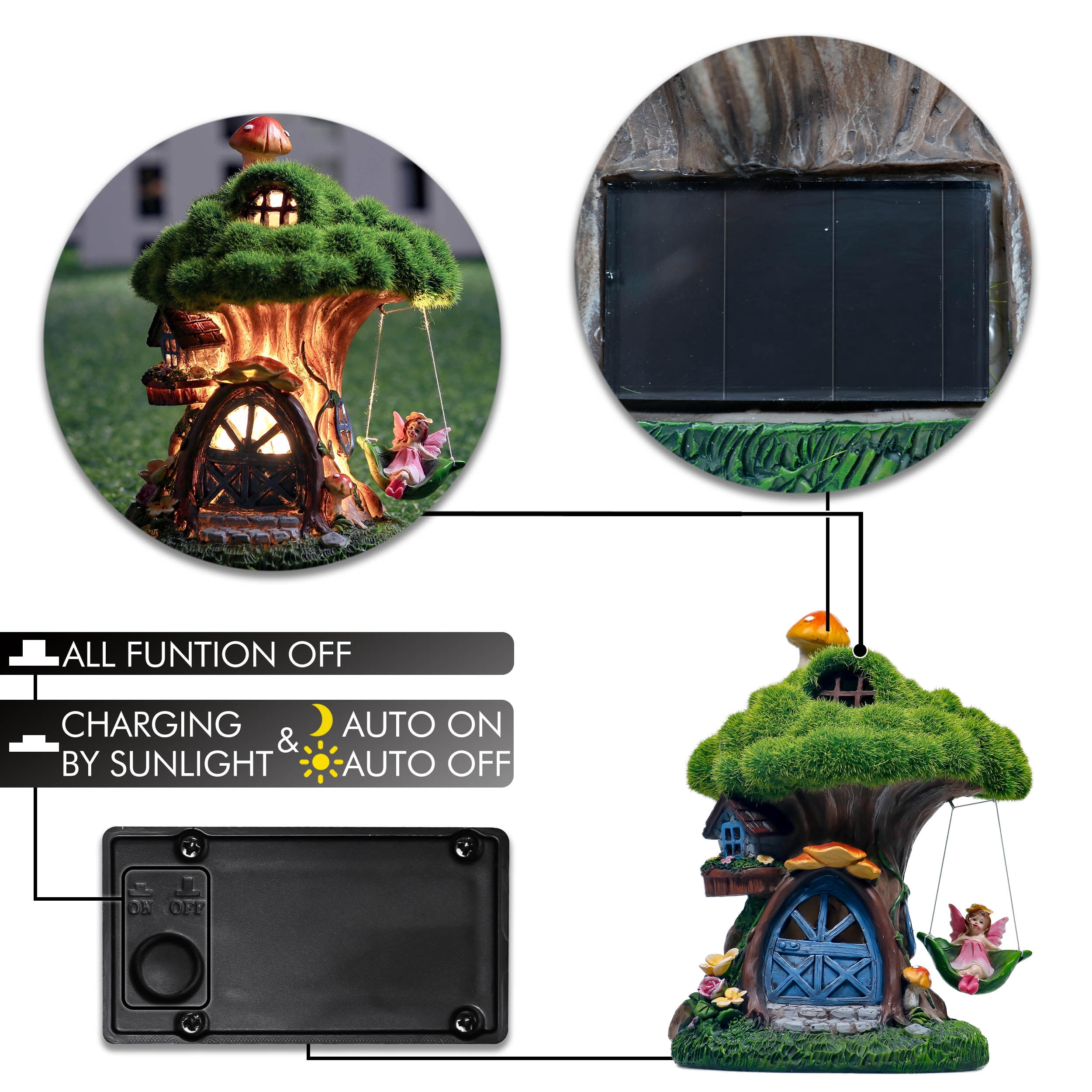 Teresa's Collections 7.9 inches Flocked Fairy House Garden Statues with Solar Lights, Resin Moss Outdoor Cottage Figurines with Fairy, Treehouse Lawn Ornaments for Patio Yard Decor