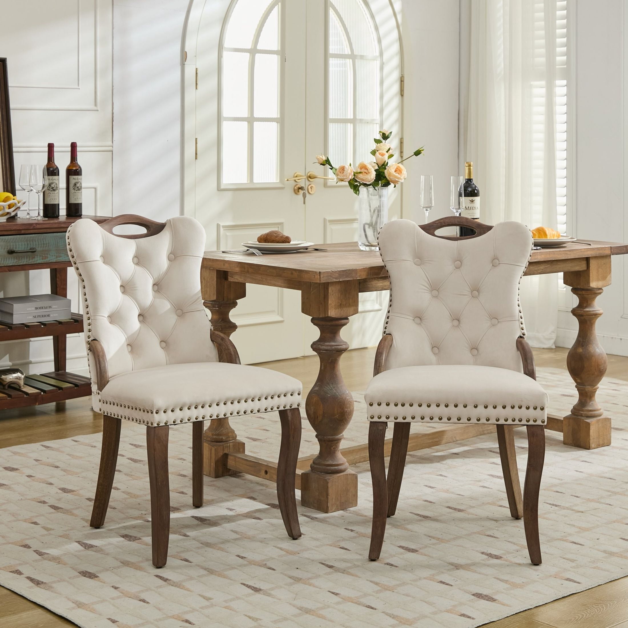 Noble House Set of 2 Dining Chairs with Tufted Velvet Upholstery, Copper Nailhead Trim, Beige