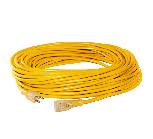 100 ft Power Extension Cord Outdoor  Indoor Heavy Duty 10 gauge/3 prong  SJTW (Yellow) Lighted end Extra Durability 15 AMP 125 Volts 1875 Watts by  LifeSupplyUSA