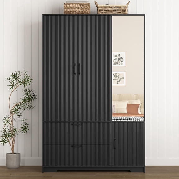 Armoire Wardrobe Closet 72" H,Armoire with Mirror Door and 2 Drawers,Wooden Wardrobe Storage Cabinet with Hanging Rod, Bedroom Closet with 4 Adjustable Shelves, Black