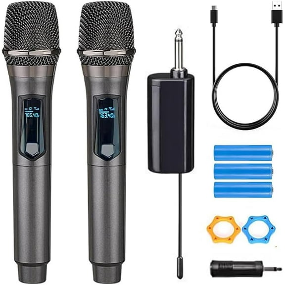 Wireless Microphone, Rechargeable Fixed Frequency Wireless Dual Microphone, Dual Handheld Dynamic Microphone,Karaoke Singing, Weddings DJ,Party, Church, Classroom use, 200 feet, Gray