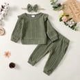 thumbnail image 3 of KIMI BEAR Infant Baby Girls Pant Sets Ruffle Long Sleeves Tops Solid Color Pants with Headband 3pcs Sweater Suit Outfits Fall Green 12-18 Months, 3 of 10