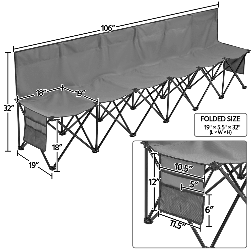 Renwick 6 Seats Portable Folding Bench for Sports Camping, Gray