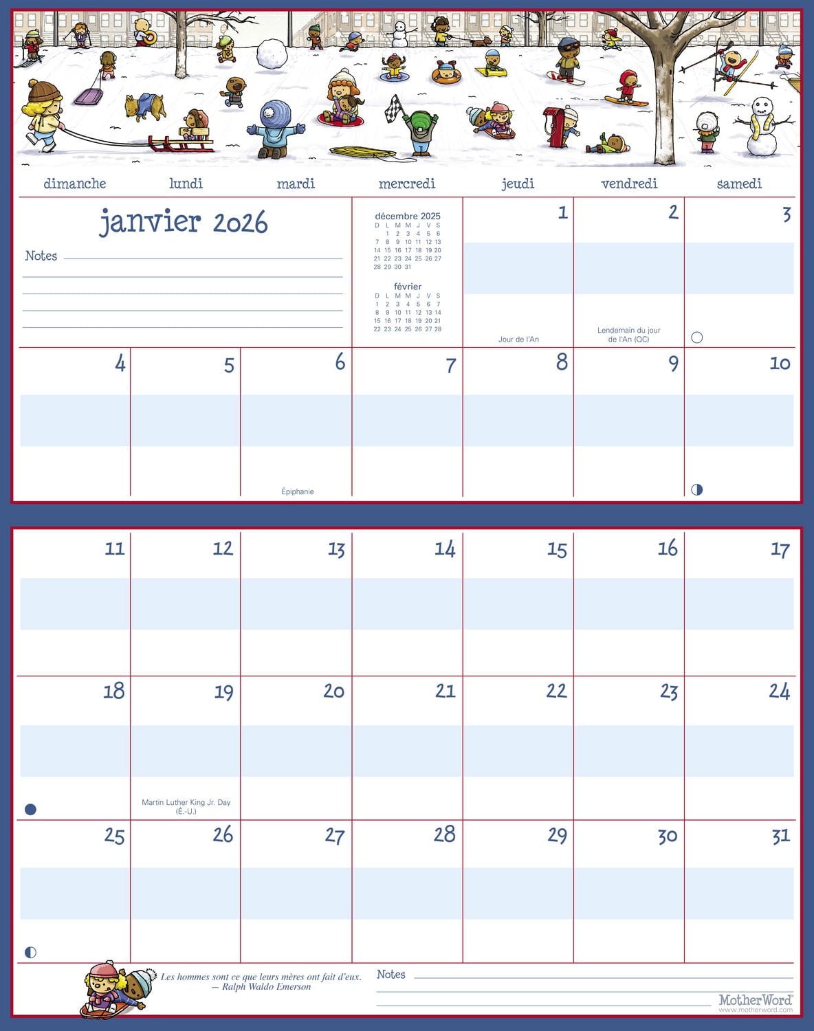 Calendrier magnétique Motherword 2026 pour réfrigérateur/mur (Version Côte à Côte) - Français Calendrier