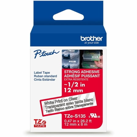 Brother Genuine P-touch TZeS135 WHT on CLR Label Tape, Strong Adhesive Lam., 12mmX8m