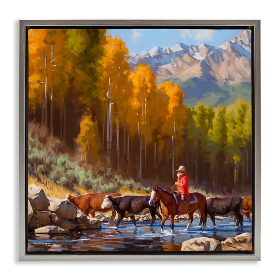 Stupell Industries Rustic Lodge Herding Cattle Through Stream Gray Floating Frame Canvas Art, 25 x 25, by Jimmy Dyer