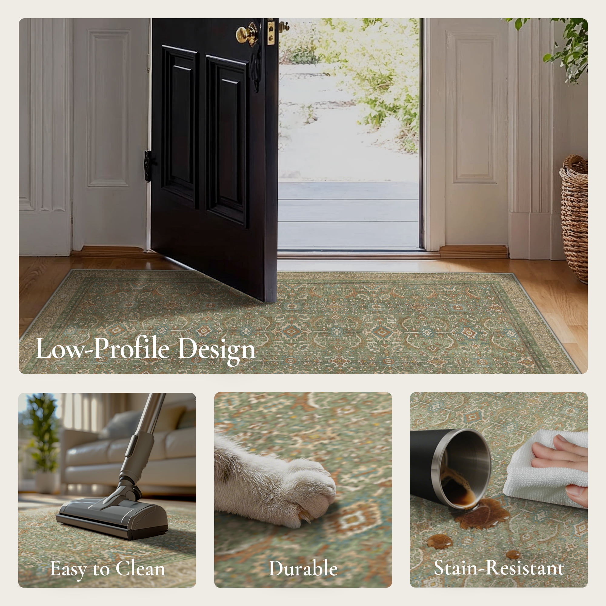 KUETH 5'x7' Area Rugs for Living Room, Non Slip Machine Washable Vintage Indoor Rug, Low Pile Chenille Print Rug for Bedroom Dining Room Home Office