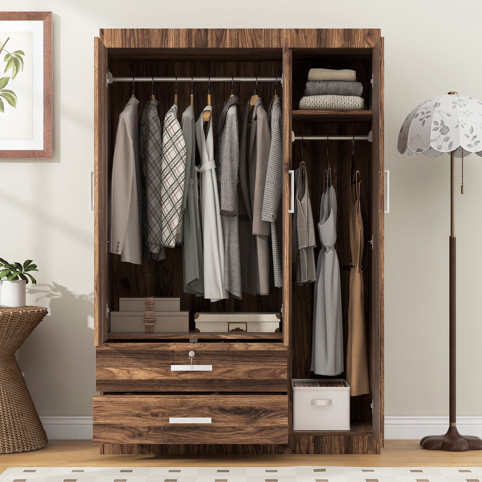 Euroco Modern 68.3" Armoire Wardrobe, 3 Door Bedroom Armoire with Drawers and Hanging Rods Kids Adults, Brown