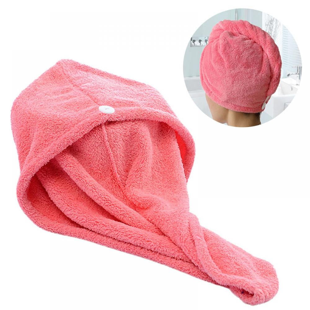 Coral Fleece Quick Dry Shower Hair Drying Wrap Cap Turban Towel Button Bath Spa 