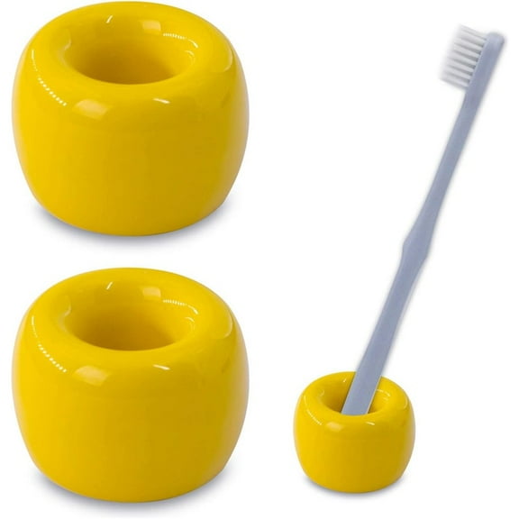 Mini Ceramics Toothbrush Holder Stand for Bathroom Vanity Countertop, Handmade Couple Toothbrush Head Holder, Shaver Holder and Office Pen Holder, Yellow-Pack of 2