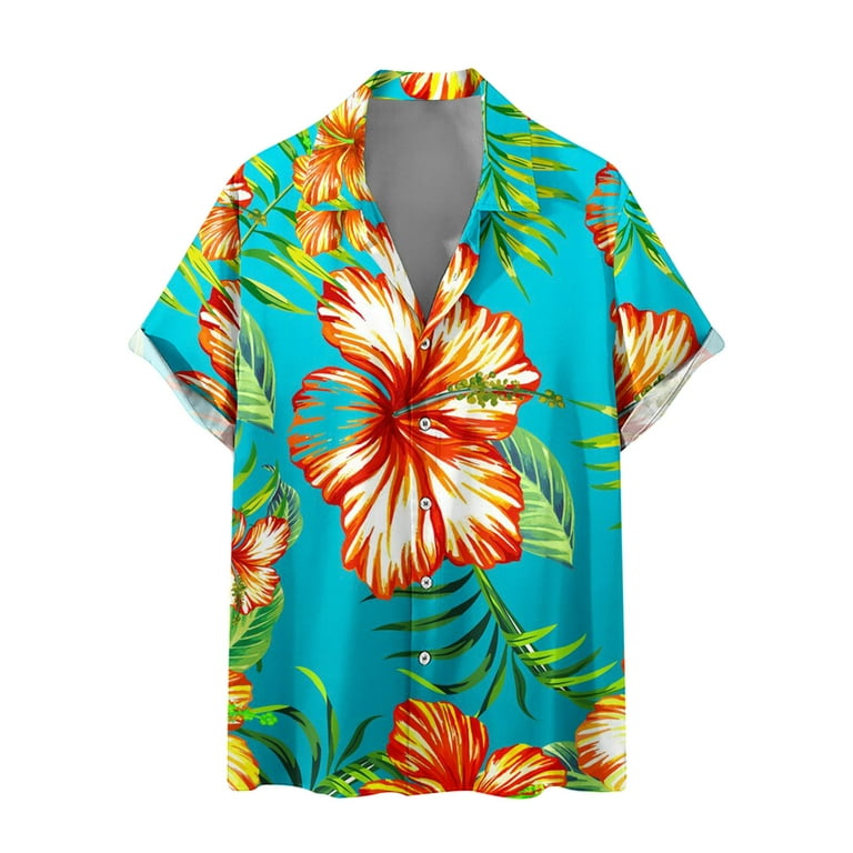 ZCFZJW Hawaiian Shirt for Men Funky Casual Button Down Tropical Palm Tree  Sunset Print Short Sleeve T-Shirts Trendy Holiday Beach Tshirt Tops Blue XXL
