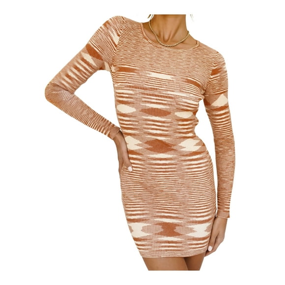 ITFABS Women's Long Sleeve Round Neck Abstract Print Knit Bodycon Mini Dress