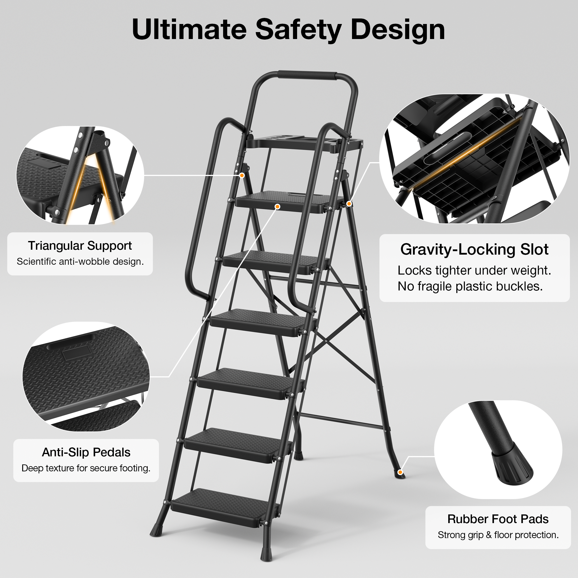 JOZ 6-Step Folding Ladder, 800 lb Capacity With Tool Tray photo 3