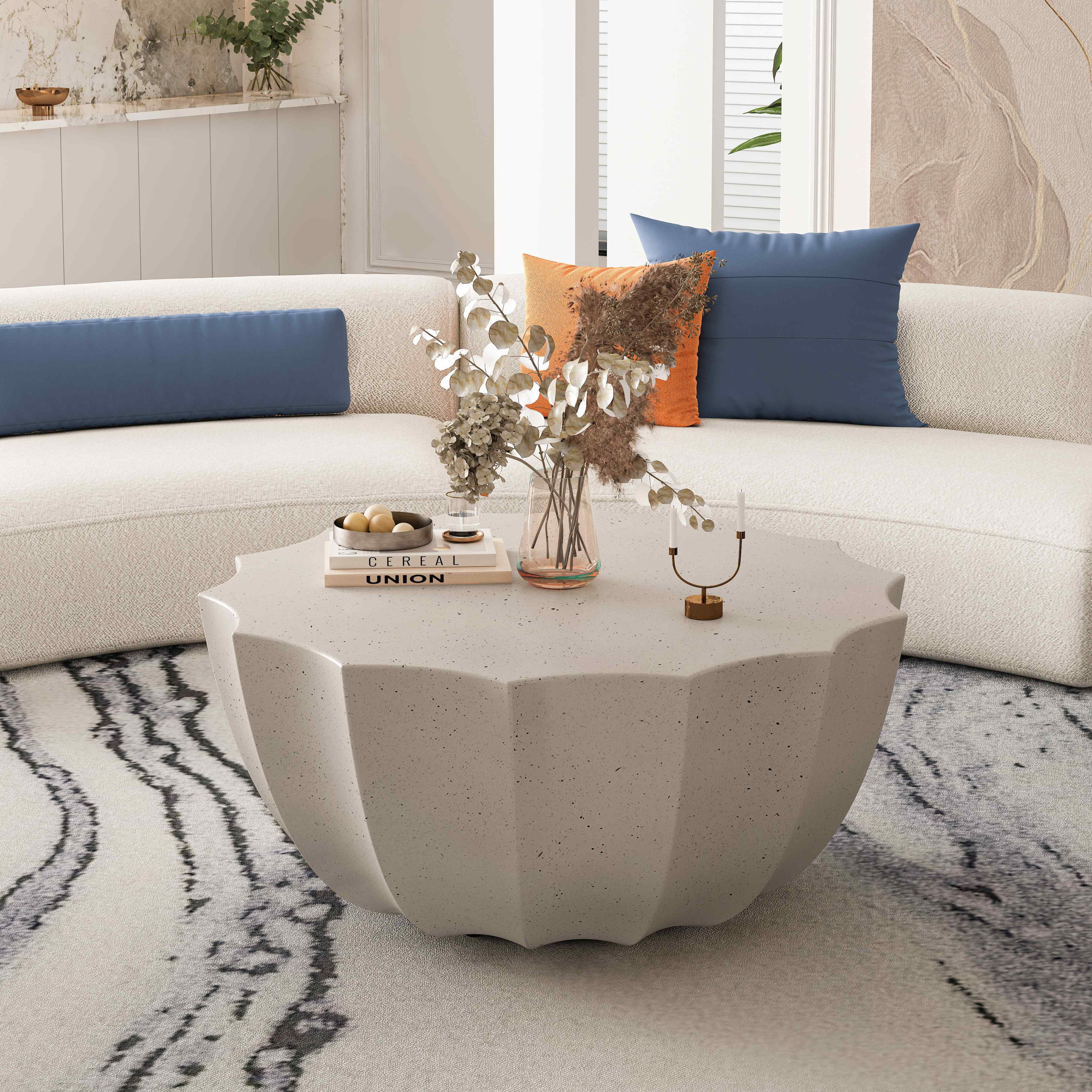 FFH 35.43" Coffee Table for Indoor & Outdoor, Modern Cement Table for Living Room, Patio, Backyards, White