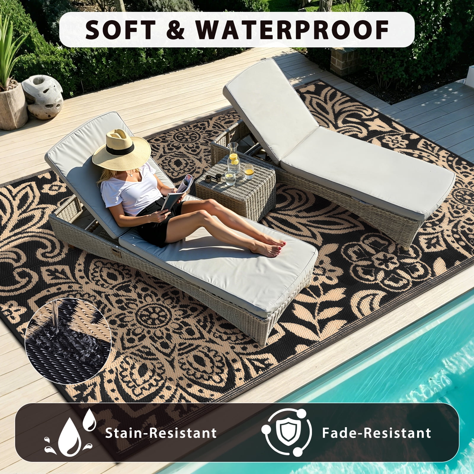 MJIAexp 6' x 9' Outdoor Rugs for Patio, Curved Geometric UV-Coated Waterproof RV Outdoor Rug, Reversible Plastic Straw Camping Rug Floor Mat for Backyard, Porch, Deck, Picnic, Beach Black-Gold