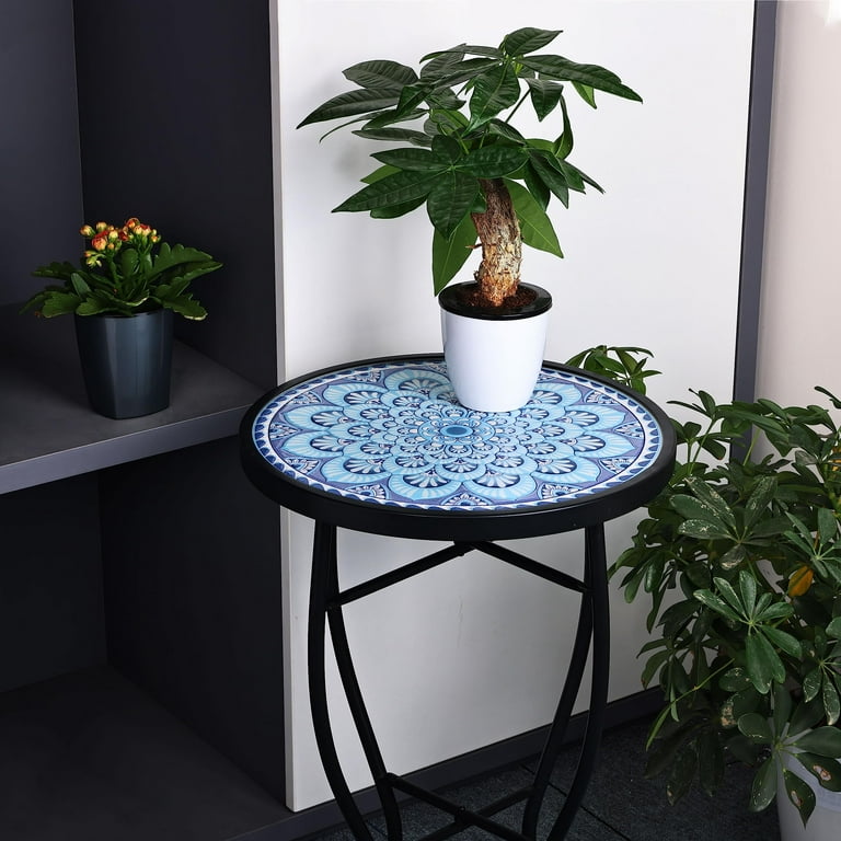 Elevon 14 inch Round Side Ceramic Tile Top Indoor and Outdoor Accent Table Greek