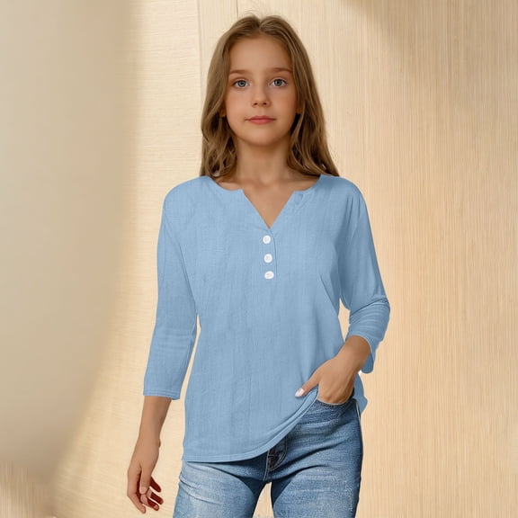 LJEFF Girl 3/4 Sleeve T-Shirt, Spring V-Neck Solid Color Cotton-Linen Casual Tops for Girls Light Blue Size 3