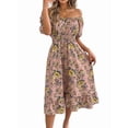 thumbnail image 3 of Women Summer Ruffle Off Shoulder Floral Midi Dress Summer Smocked Beach Flowy Long Dresses Pink L, 3 of 9