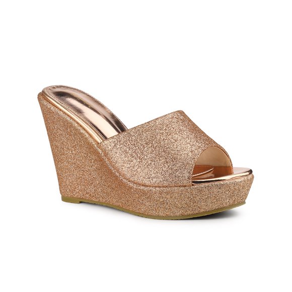 BLISSFUL STEP Women Glitter Platform Slip on Wedge Heels Sandals Rose Gold 7