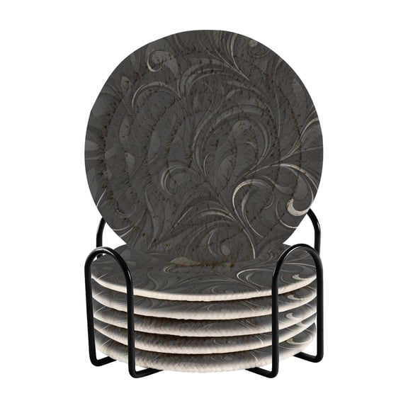 Haosy Set of 6 Drink Woven Coaster with Holder Heat Resistant Non-Slip Bar Coasters 4 Inches Dark Mysterious Swirling Plants
