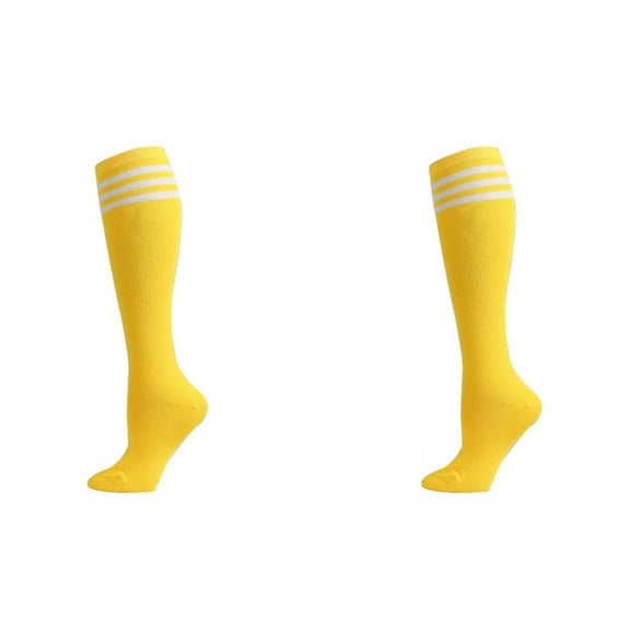 AUQ 2Pcs Knee High Socks,Stylish Three-Stripe Design Thigh High Socks,Breathable Material for Comfort Long Socks,Yellow