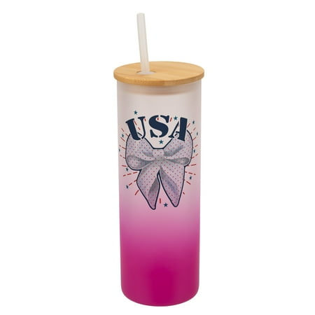 

Elanze Designs 25 Ounce Frosted Glass Gradient Travel Tumbler With Straw and Wooden Lid USA Bow Pink