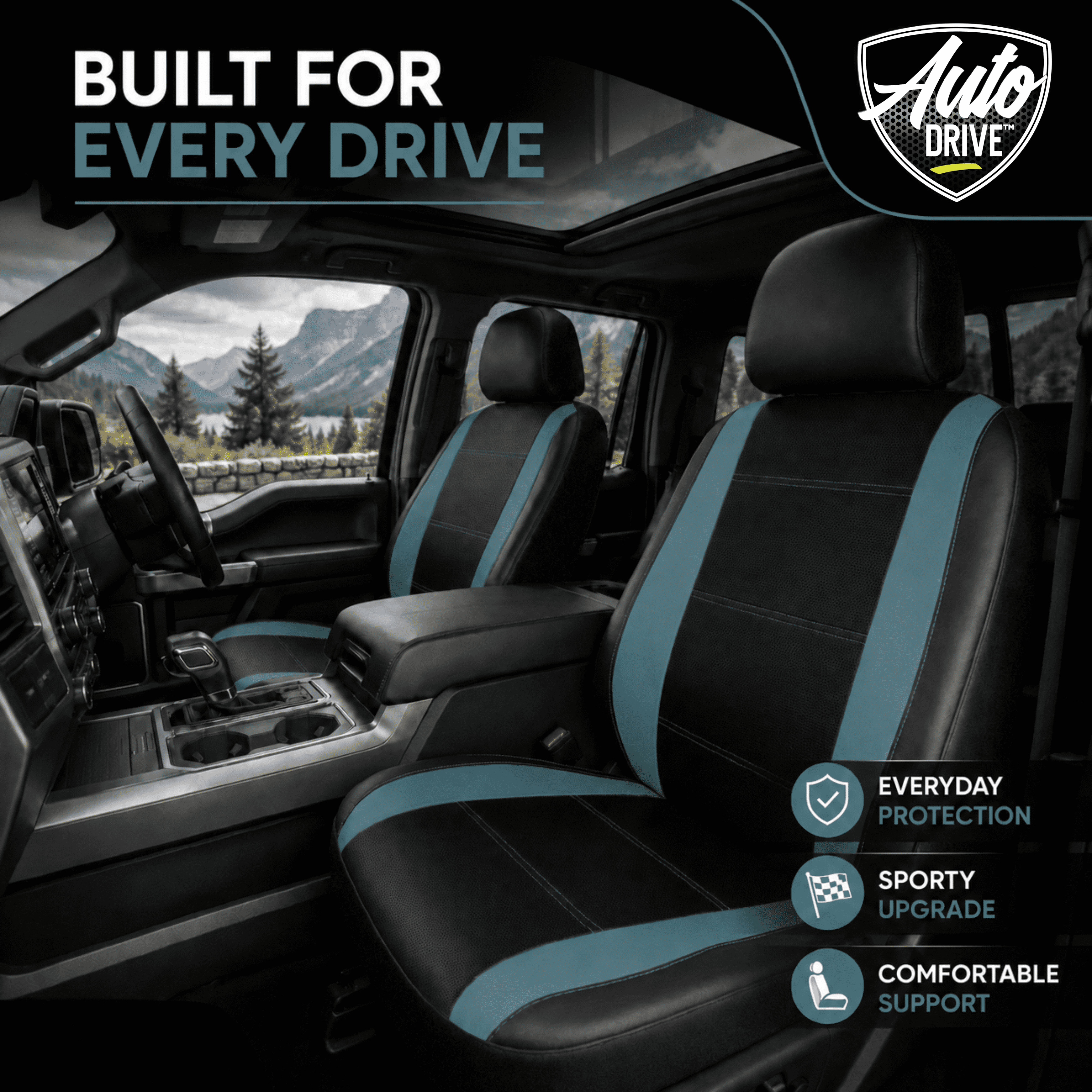 Auto Drive Car Seat Covers, Two-Tone Fabric Front Seat Protector, Breathable Comfortable, Anti-Slip Airbag Compatible Universal Fit for Cars SUVs Trucks,Blue